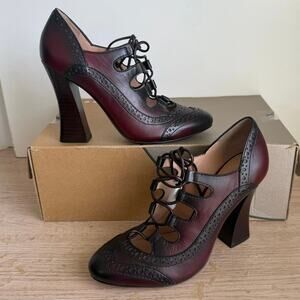 Tory Burch Lace Up Ghillie Oxford Wine/Blk Leather  Astrid High Heel- SZ 7.5